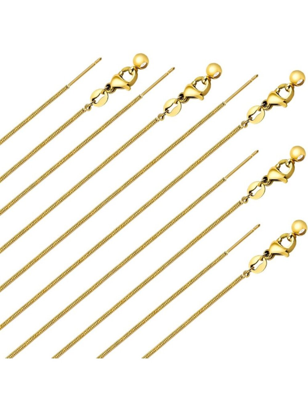 10Pcs 18k Gold Plated 1mm Snake Chain Necklaces - Stainless Steel Jewelry Set